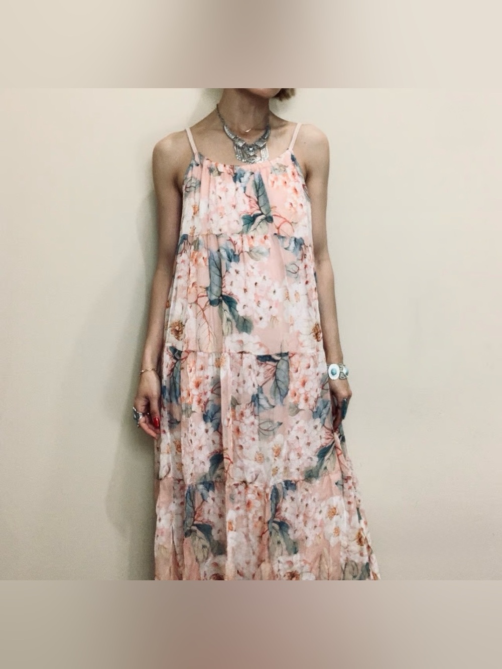 NWT Elena Baldi Peach Floral Tiered Maxi Dress — Lightweight Italian